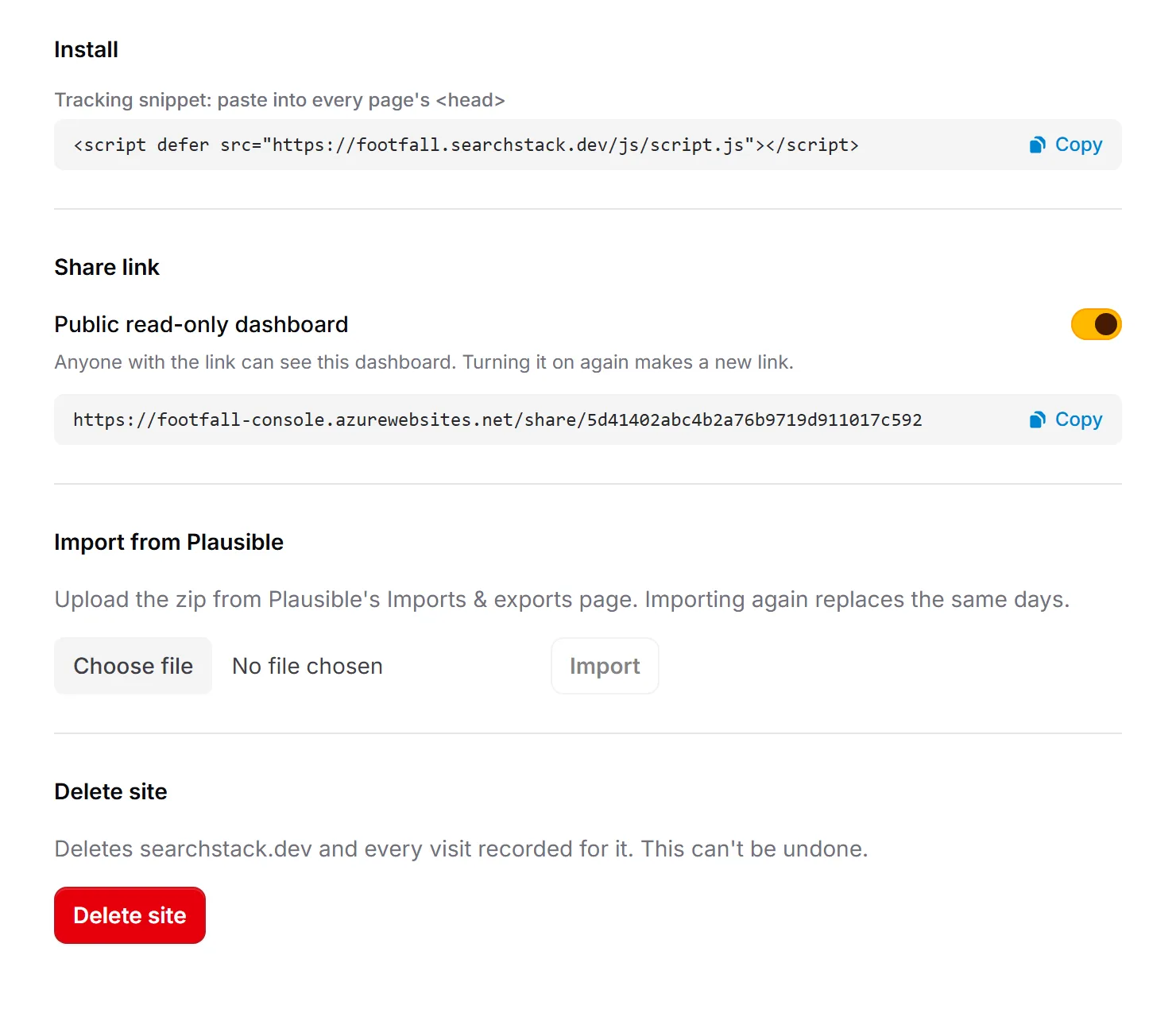 Site settings: install snippet, share link, import from Plausible, delete site