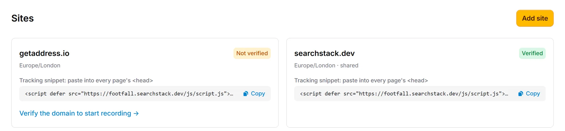 Sites page with getaddress.io (not verified) and searchstack.dev (verified)