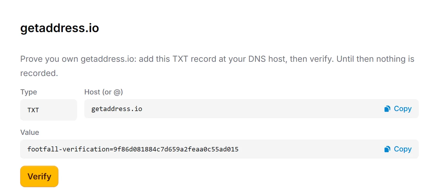 Verify screen for getaddress.io showing the TXT record to add